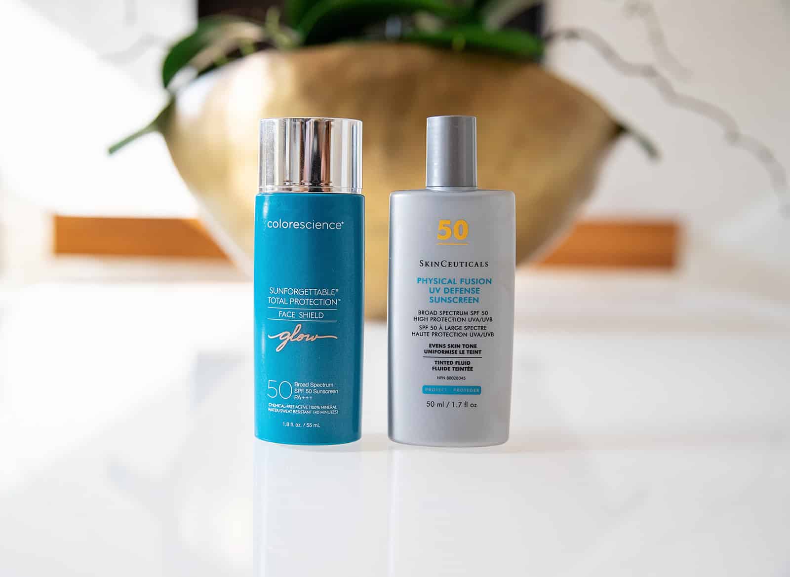 Colorescience Total Protection Face Shield SPF 50 and SkinCeuticals Physical Fusion SPF 50